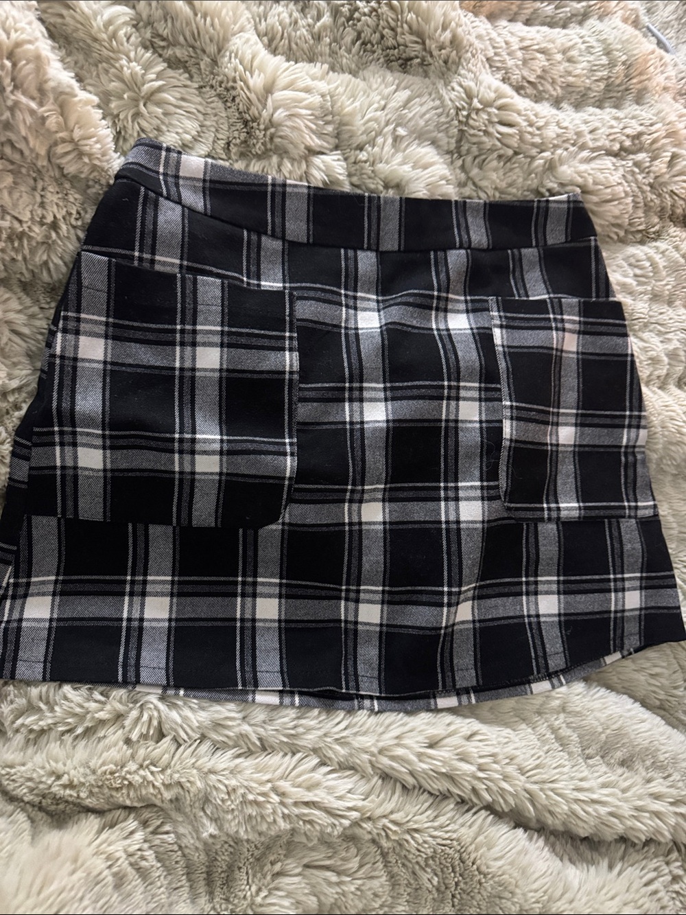 Black and White Plaid Mini Skirt with Front Patch Pockets